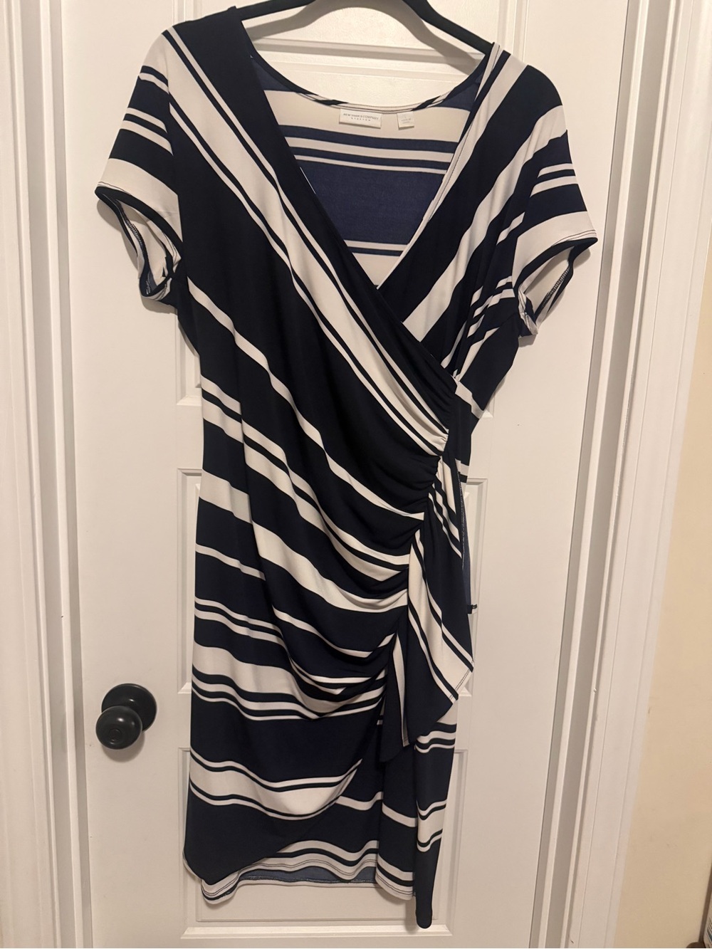 New York & Company Navy and White Striped Faux-Wrap Dress